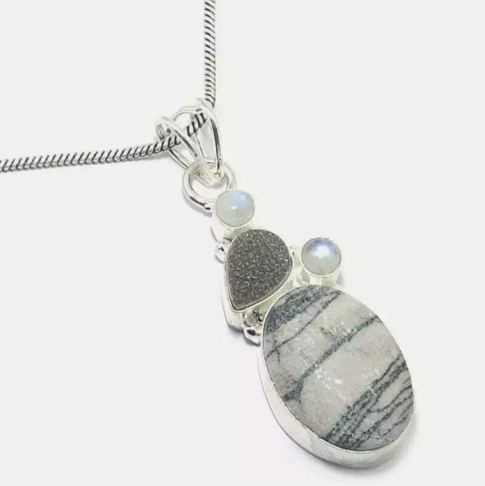 New Rainbow Moonstone, Druzy, Jasper Silver Pendant.